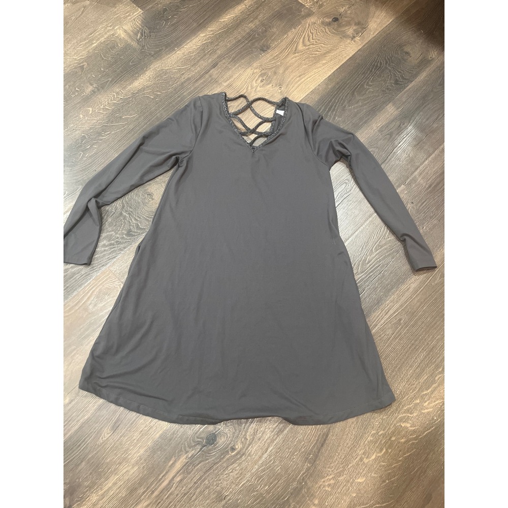 Vanity Charcoal Grey Lattice V-Neck Long Sleeve Mini Dress Sparkle Trim Womens M
